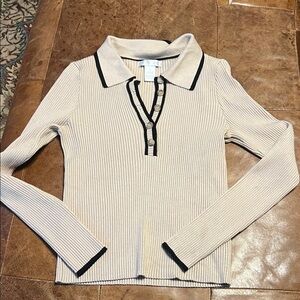 Design History from Evereve tan with  black long sleeve polo sweater